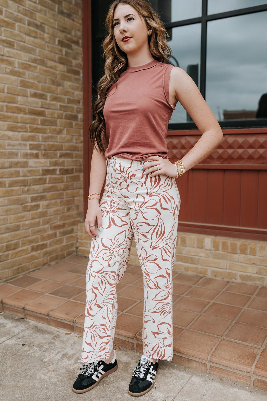 Red Floral Print Stretch Pants P6588 - Southern Soule Designs