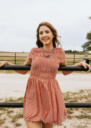 Red Gingham Smocked Short Sleeve Dress CD05375 Medium