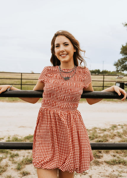 Red Gingham Smocked Short Sleeve Dress CD05375 Medium