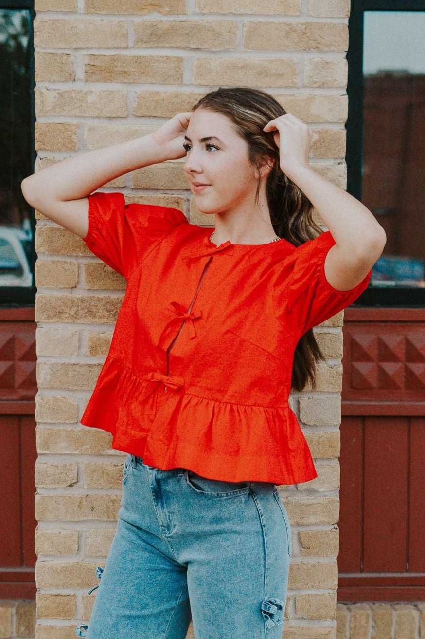 Red Hailey Bot Tie Detail Blouse PT18486 - Southern Soule Designs