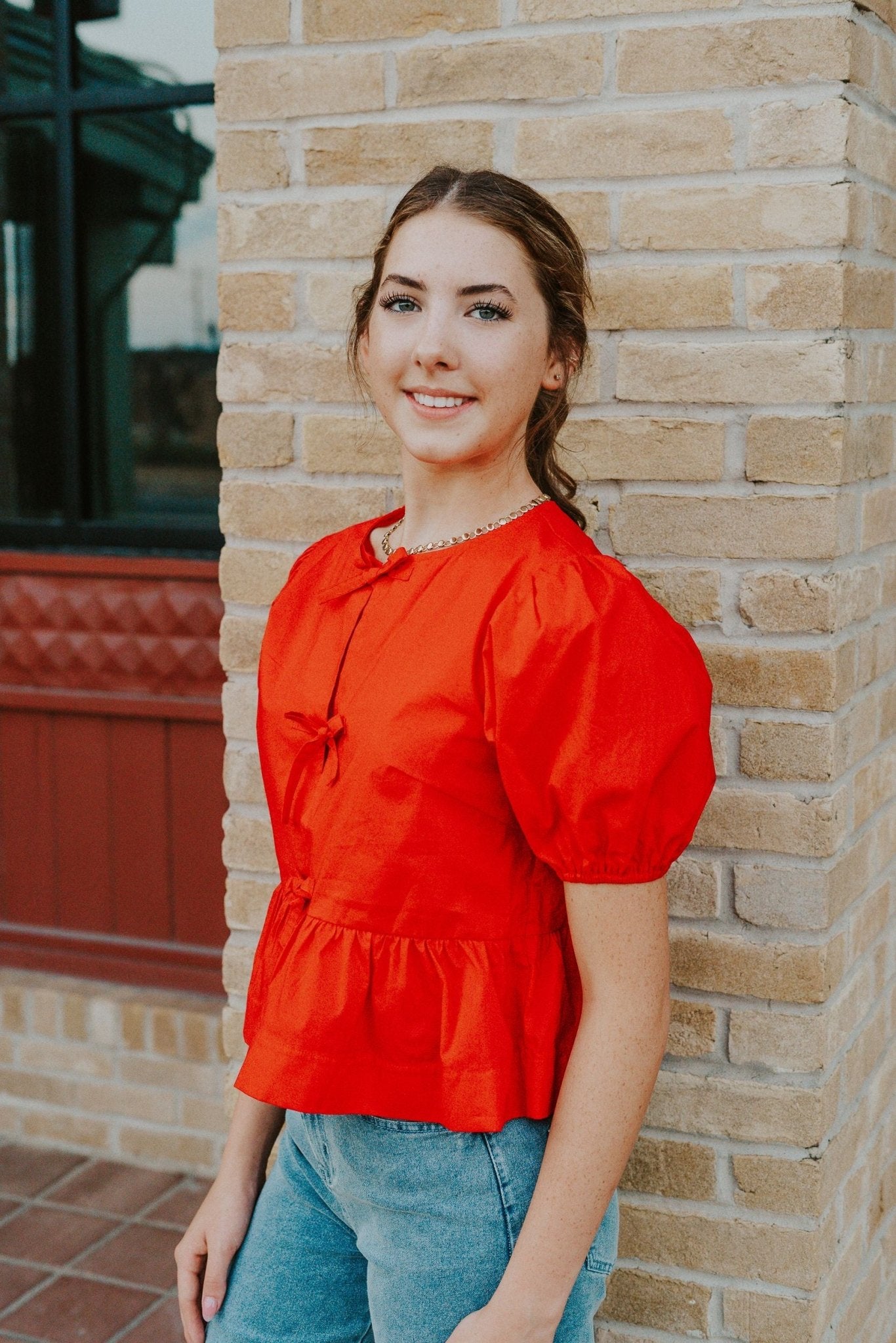 Red Hailey Bot Tie Detail Blouse PT18486 - Southern Soule Designs