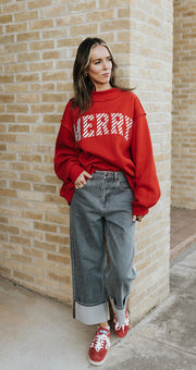Red Merry Merry Mock Neck Sweatshirt IT2594E - Southern Soule Designs