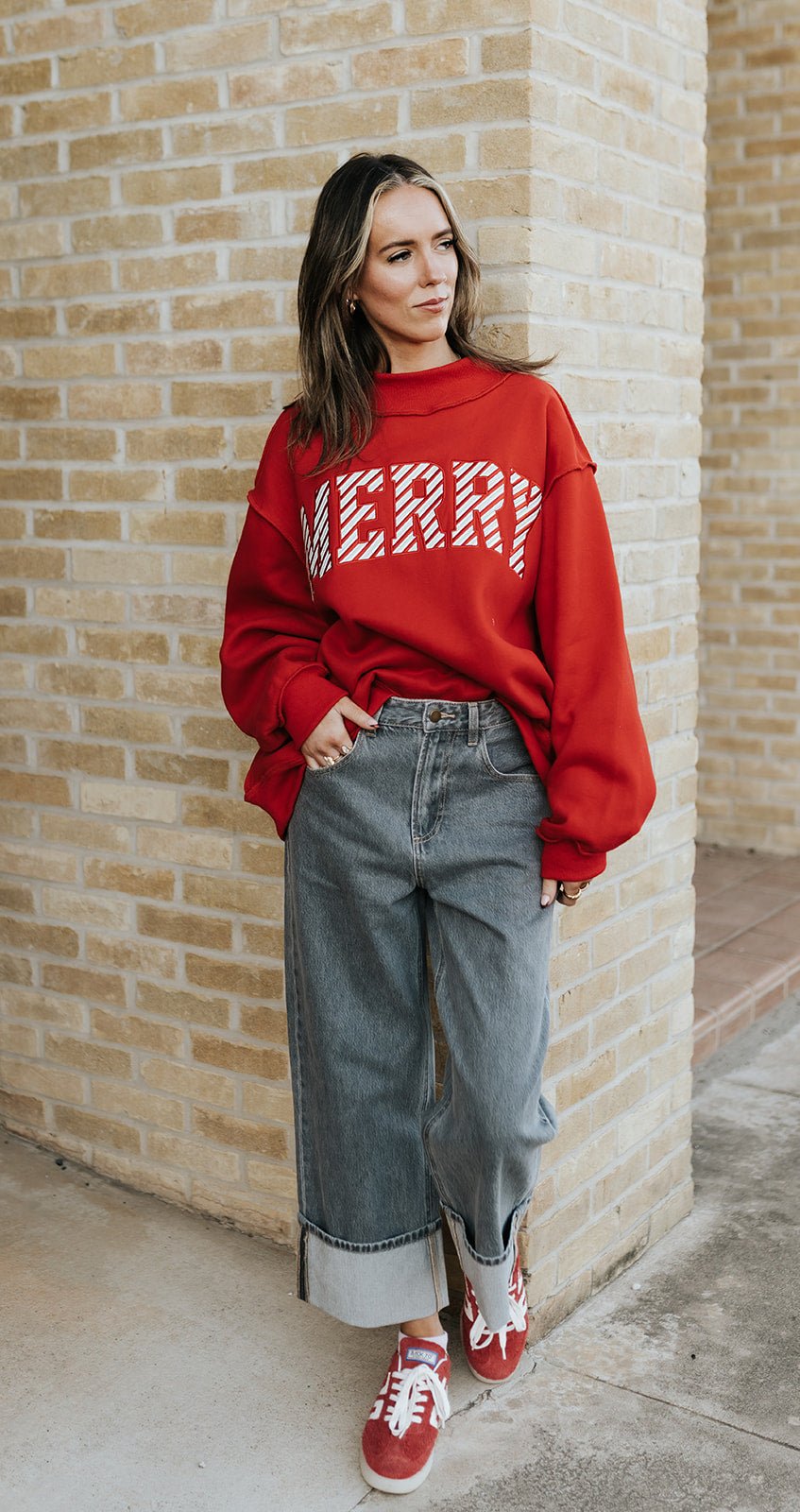 Red Merry Merry Mock Neck Sweatshirt IT2594E - Southern Soule Designs