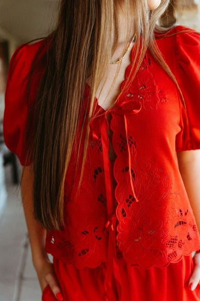 Red Scallop Embroidery Lace Up Top T25812 - Southern Soule Designs