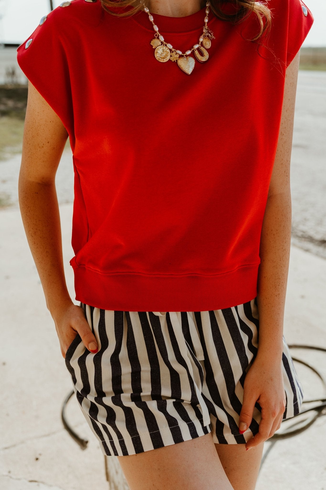 Red Short Sleeve Top with Shoulder Studs T26341 - Southern Soule Designs