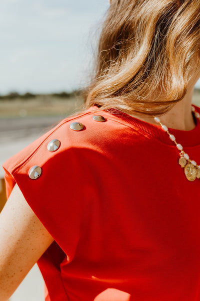 Red Short Sleeve Top with Shoulder Studs T26341 - Southern Soule Designs