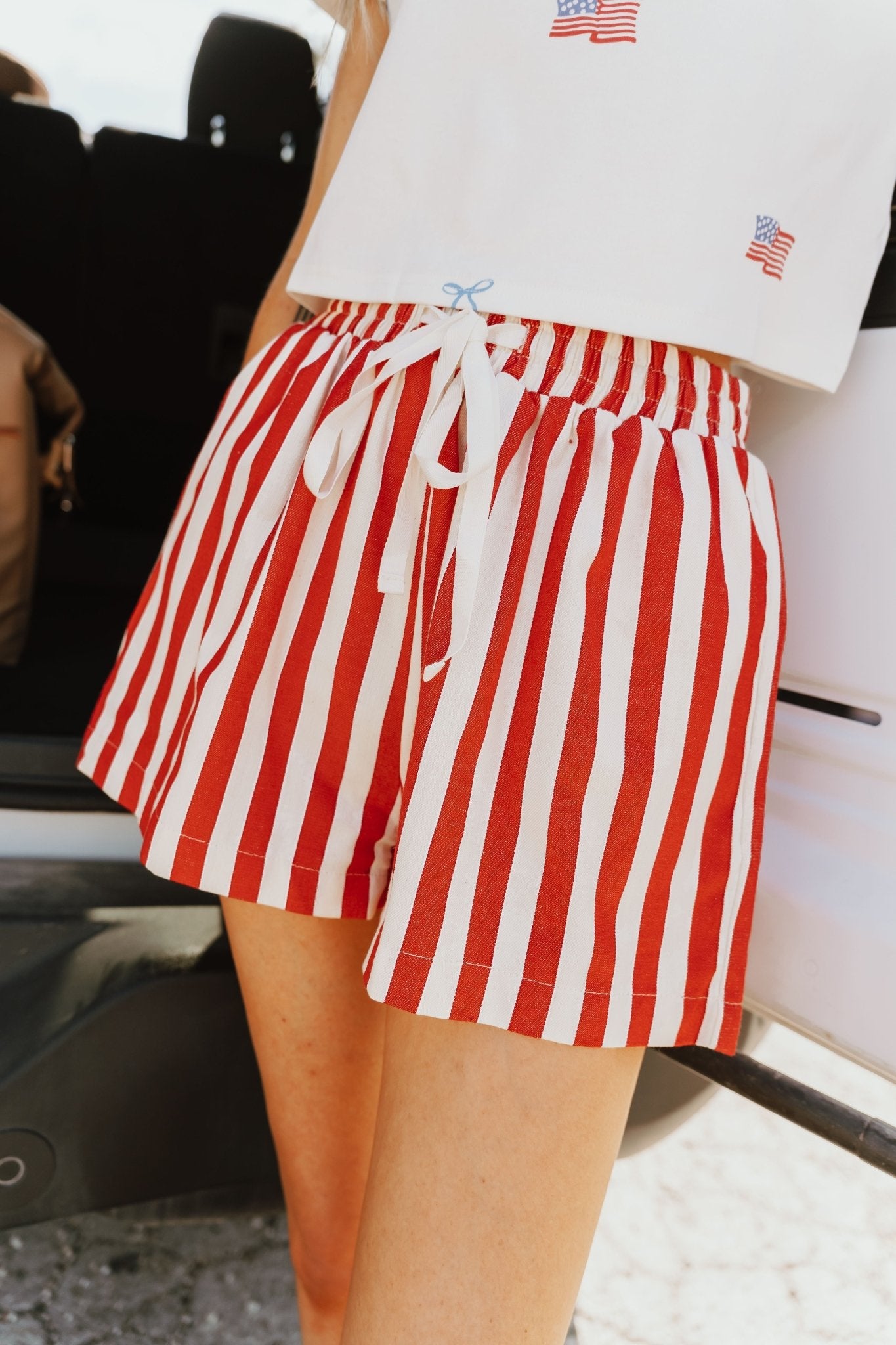 Red Stripe Twill Denim Shorts AP6184W - Southern Soule Designs