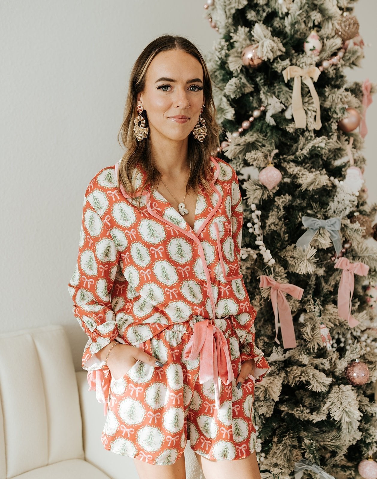 Red/Lt Green/Pink Satin Christmas Tree & Bow Prints Pajama Set ITP39429 - 01 - Southern Soule Designs