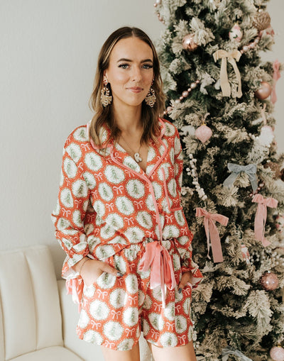 Red/Lt Green/Pink Satin Christmas Tree & Bow Prints Pajama Set ITP39429 - 01 - Southern Soule Designs