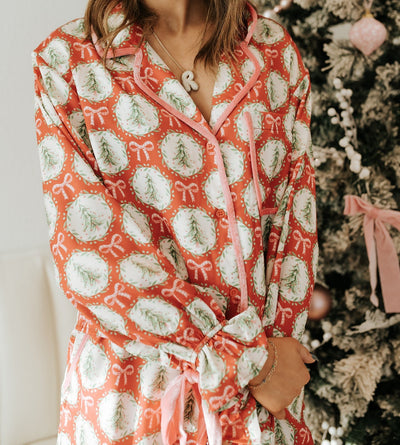 Red/Lt Green/Pink Satin Christmas Tree & Bow Prints Pajama Set ITP39429 - 01 - Southern Soule Designs