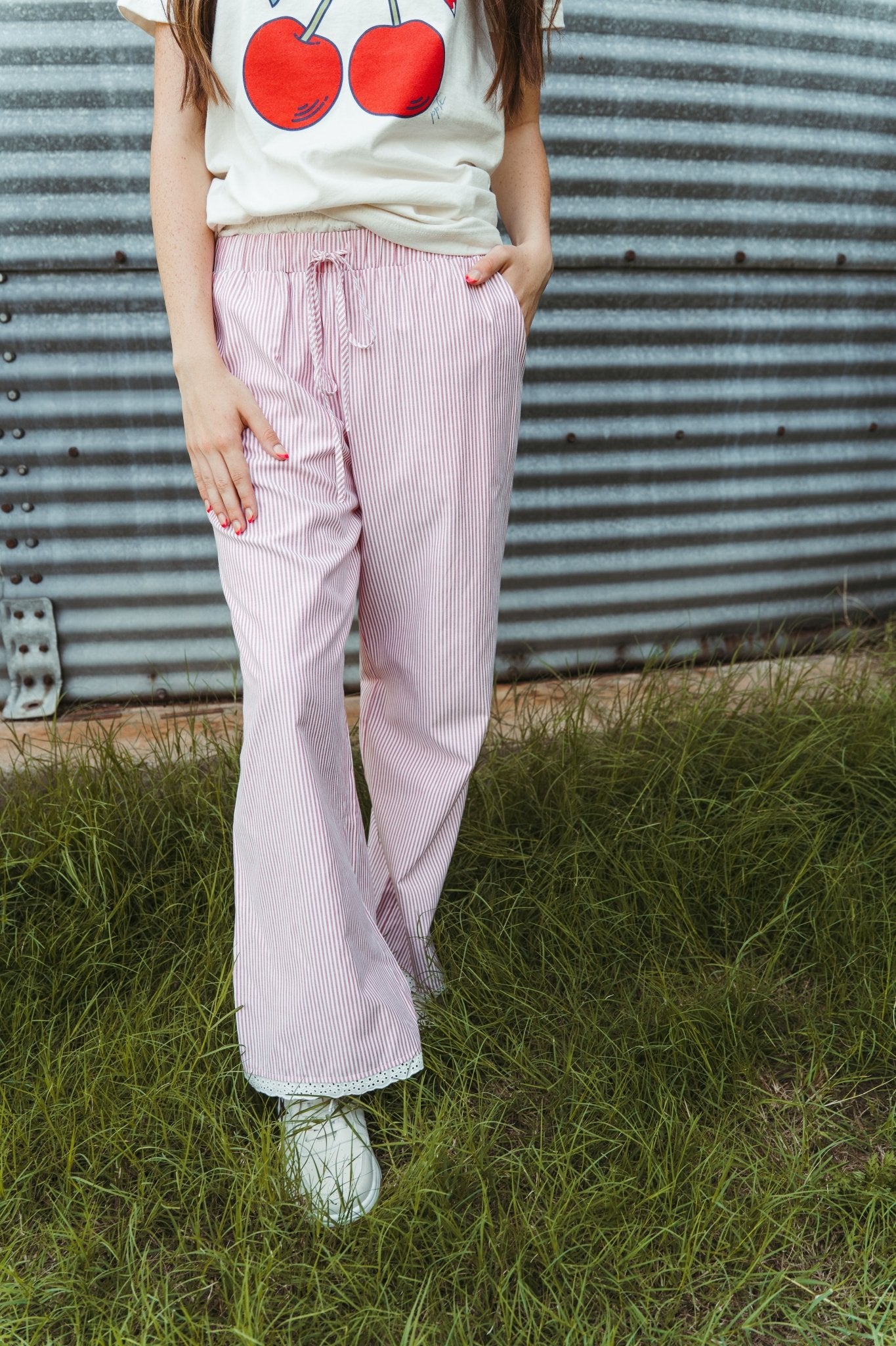 Red/White Stripe Pants with Eyelet Trim SP2850 - Southern Soule Designs