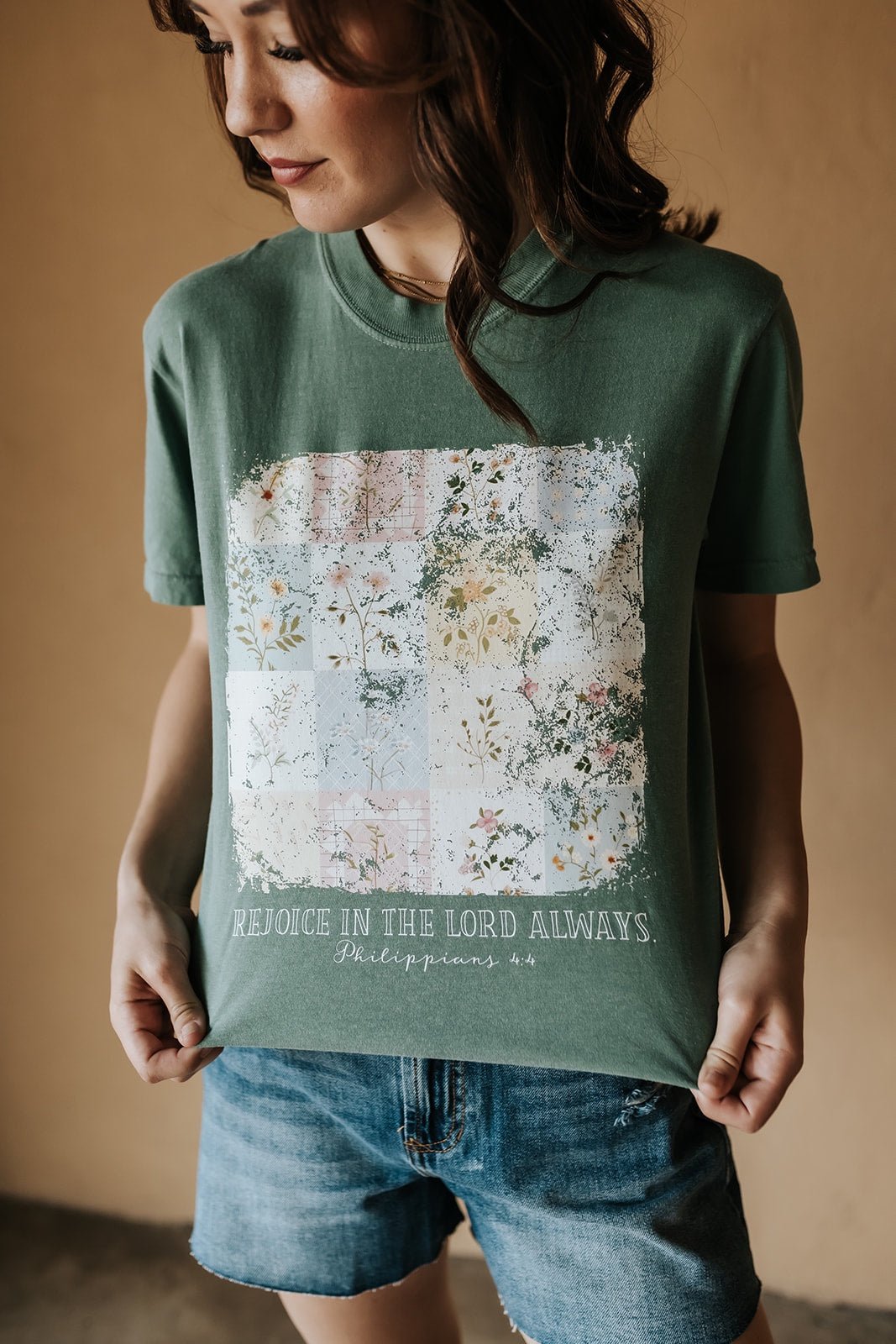 Rejoice In The Lord Always Vintage Floral Tee Light Green - Southern Soule Designs