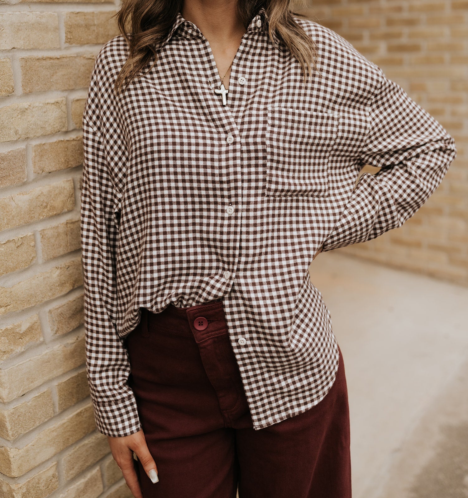 River Plaid Button Up Chocolate Cherry ZT253834 - Southern Soule Designs