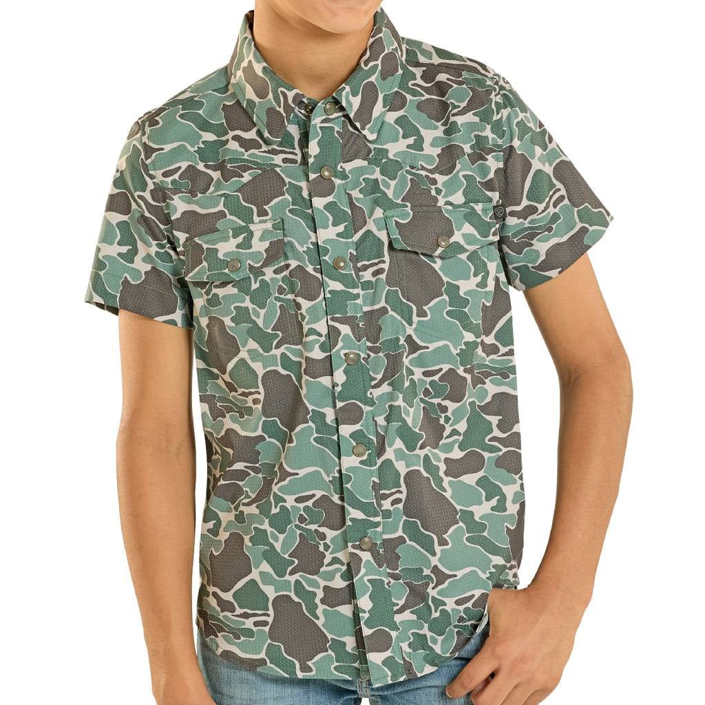 Rock & Roll Boy's Olive Camo Printed Tek Western Shirt BBN3S08395 - Southern Soule Designs