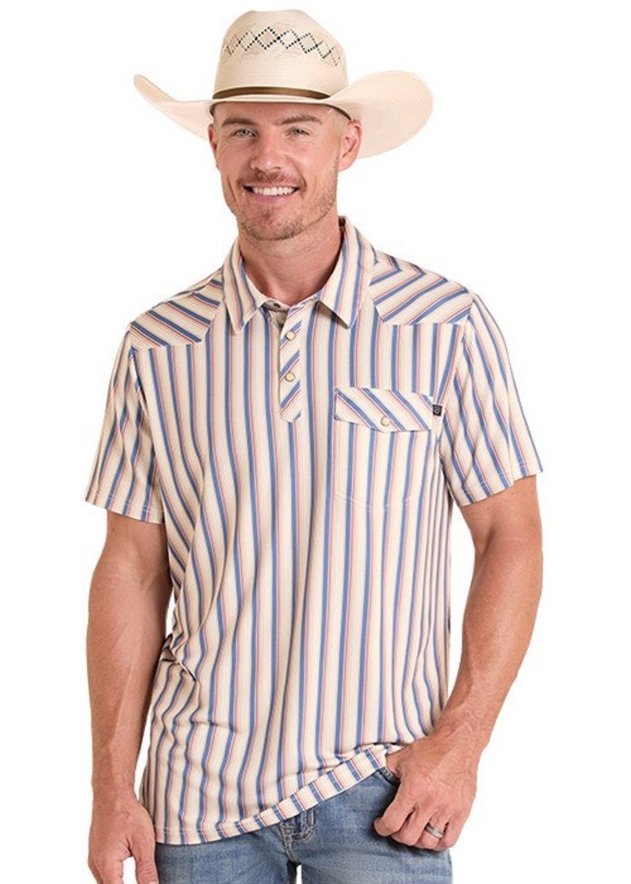 Rock & Roll Men's Western Stripe Polo Natural BM51T09057 - Southern Soule Designs