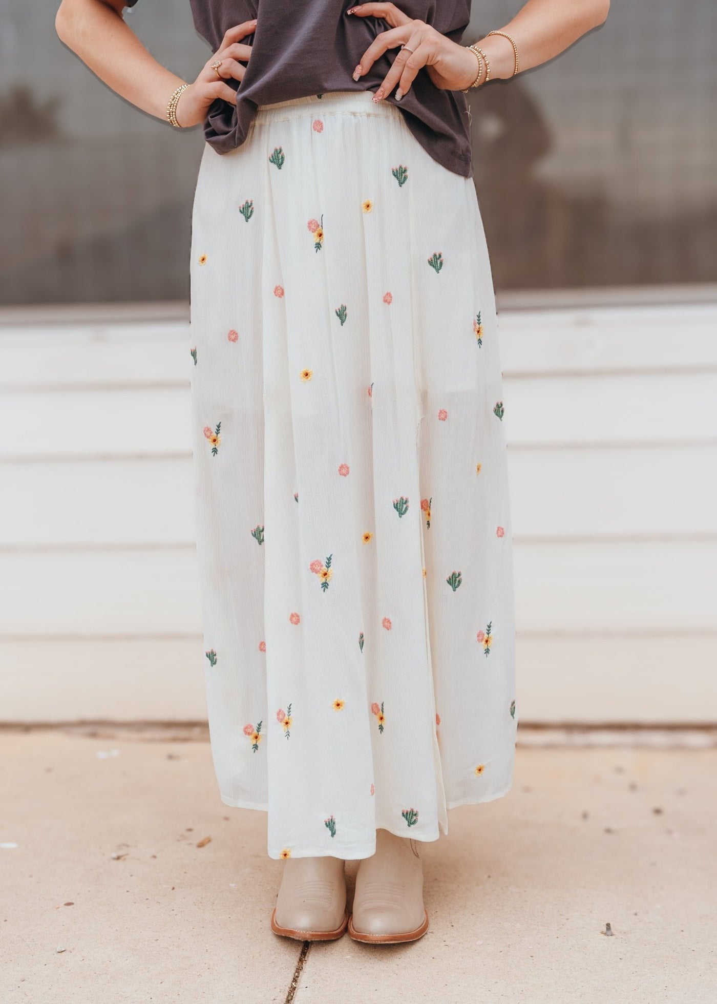 Rock & Roll Women's Embroidered Midi Skirt Natural BW69B06282 - Southern Soule Designs