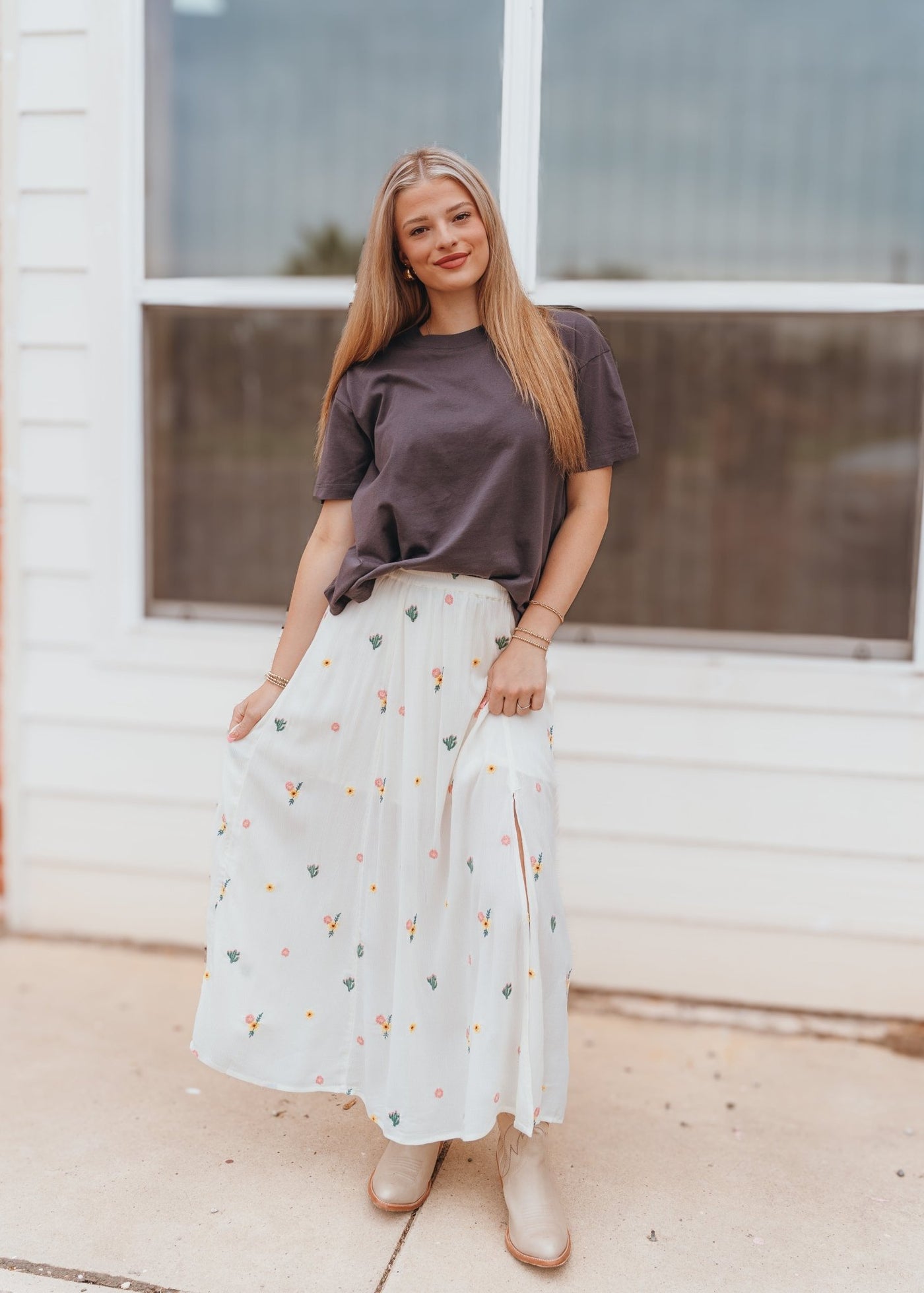 Rock & Roll Women's Embroidered Midi Skirt Natural BW69B06282 - Southern Soule Designs