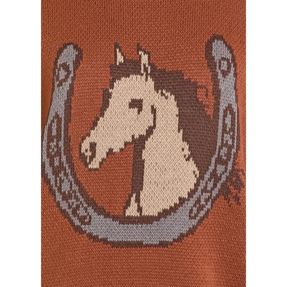 Rock & Roll Women's Horse and Horseshoe Sweater Burnt Orange BW32T07769 - Southern Soule Designs