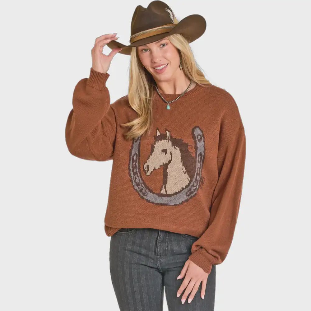 Rock & Roll Women's Horse and Horseshoe Sweater Burnt Orange BW32T07769 - Southern Soule Designs