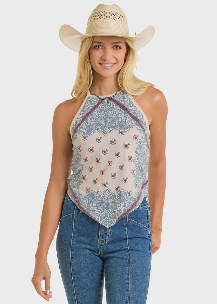 Rock & Roll Women's Scarf Print Tank Natural BW20T06288 - Southern Soule Designs