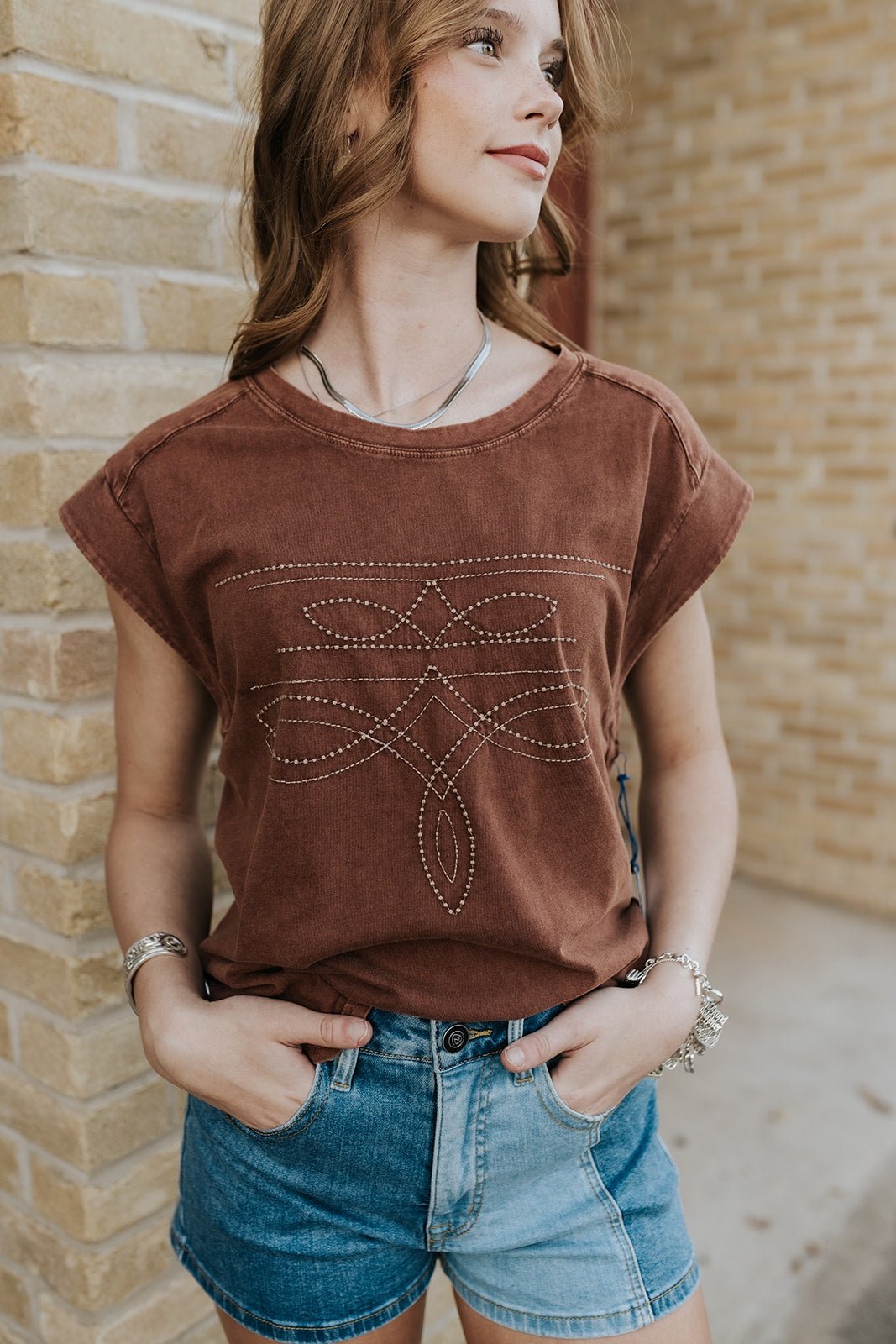 Rock & Roll Women's Taupe Boot Stitch Jersey Tee LW21T08439 - Southern Soule Designs