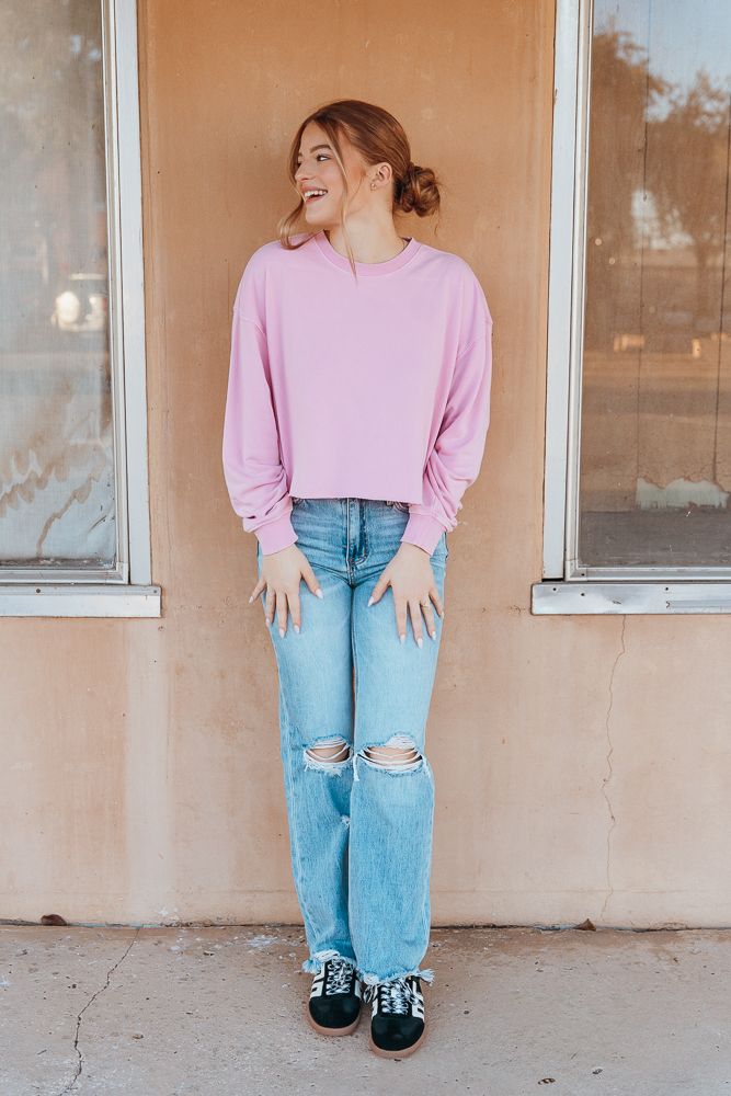 Rose Pink Cropped Crewneck Sweatshirt with Raw Hem DZ24E409 - Southern Soule Designs