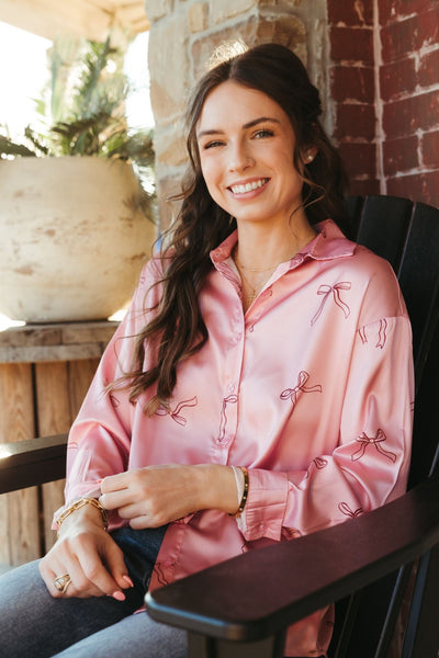 Rose Ribbon Print Satin Button Down BRT1189 - 91 - Southern Soule Designs