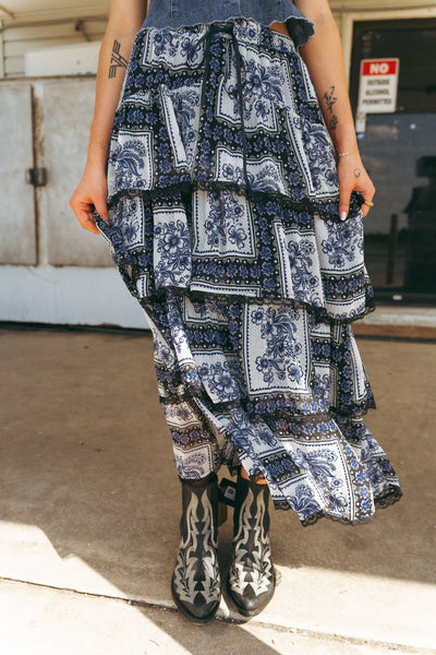 Royal Floral Handkerchief Design Contrast Tiered Maxi Skirt LSK0257 - RYL - Southern Soule Designs