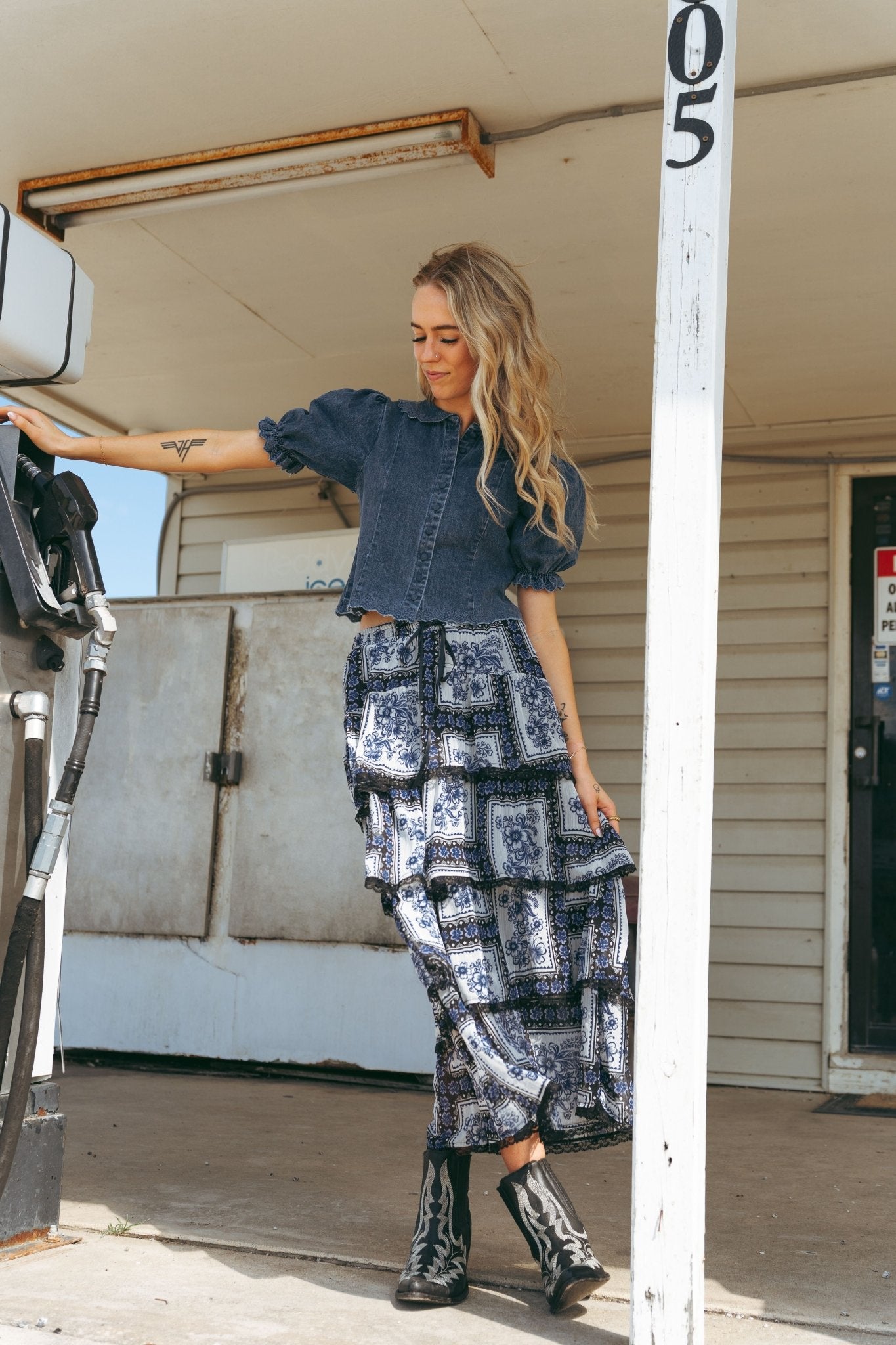 Royal Floral Handkerchief Design Contrast Tiered Maxi Skirt LSK0257 - RYL - Southern Soule Designs