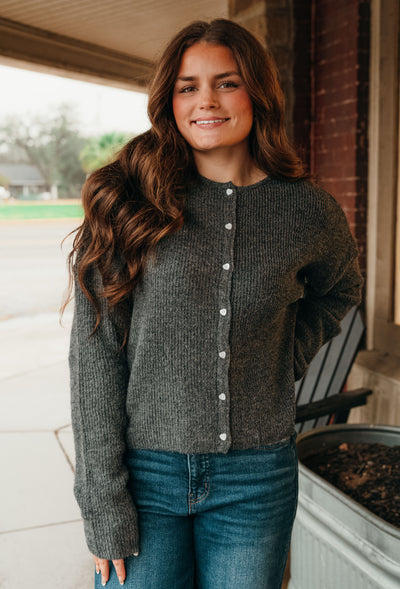 Charcoal Knit Cardigan with Heart-Shaped Buttons TBW13119