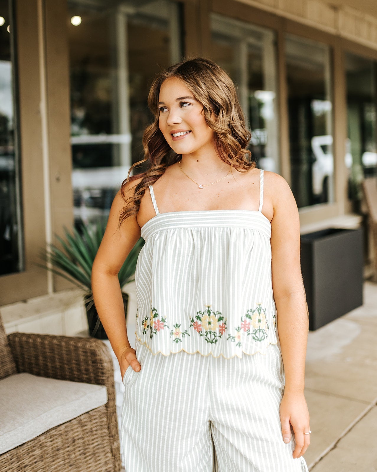 Sage Floral Embroidery Striped Top T6209ST - Southern Soule Designs