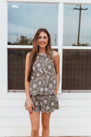 Sage Green Eyelet Lace Sleeveless Vest and Short Set IST17844 - Southern Soule Designs