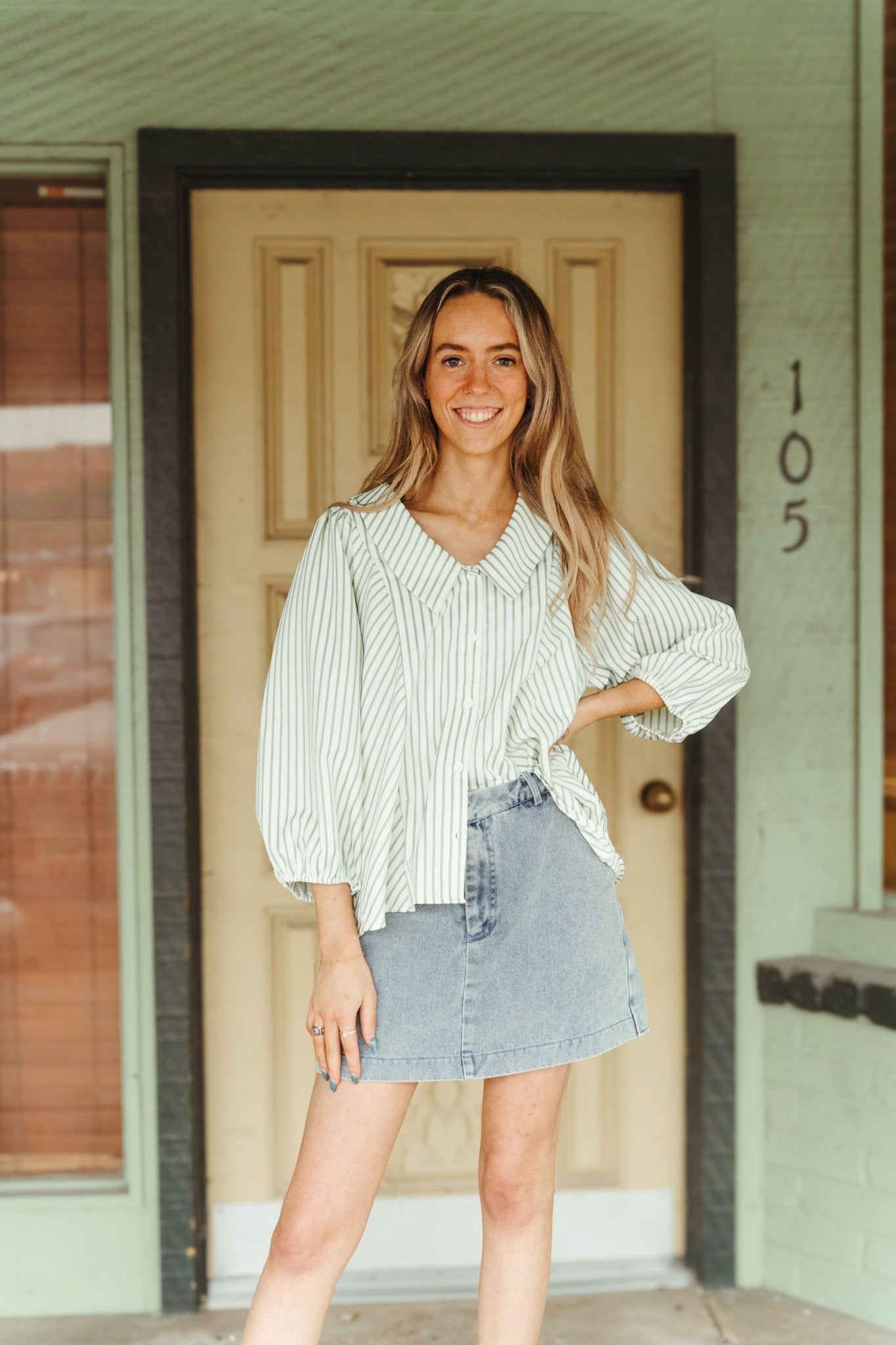 Sage Stripe Chelsea Collar Button Down Top T25851 - Southern Soule Designs