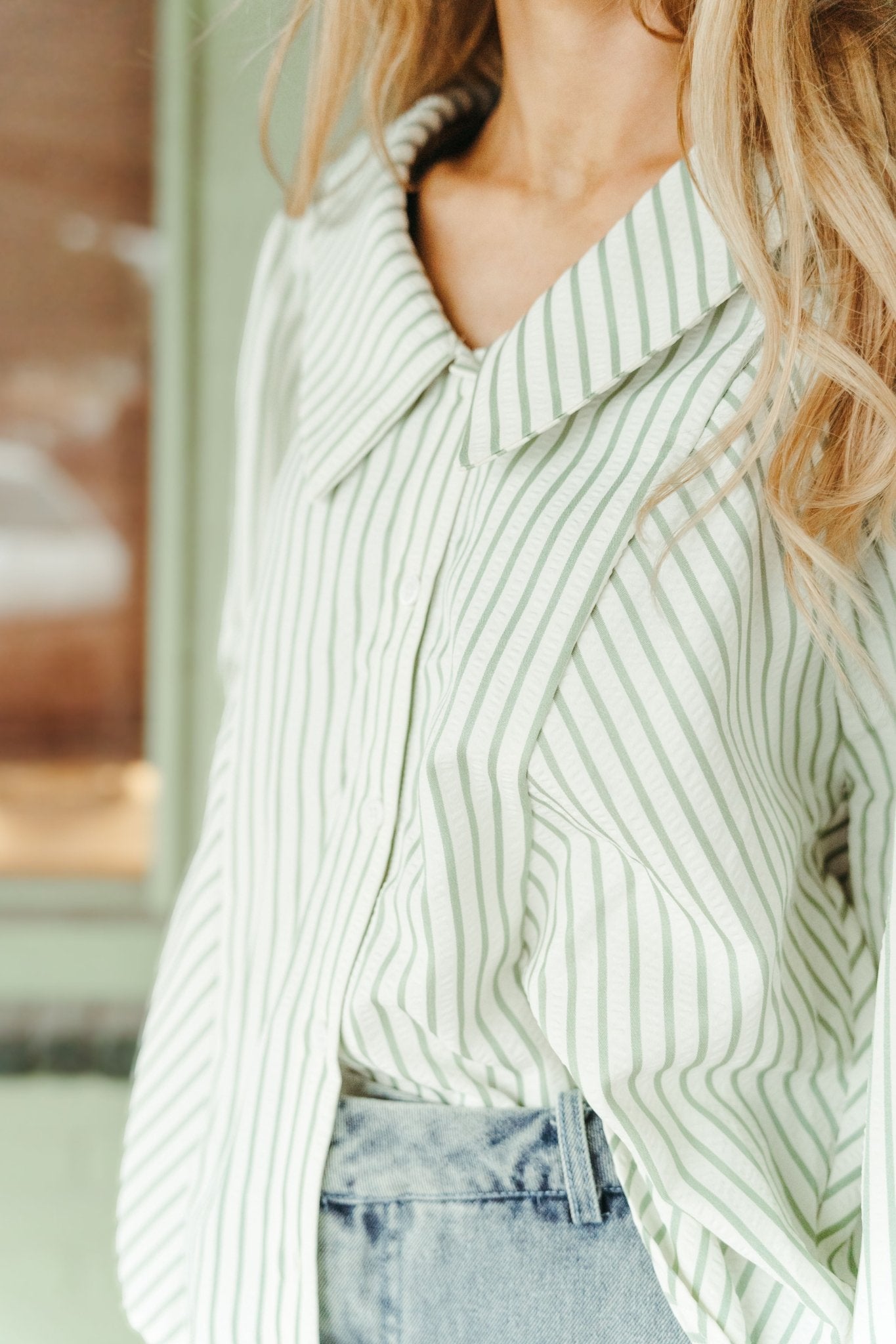 Sage Stripe Chelsea Collar Button Down Top T25851 - Southern Soule Designs