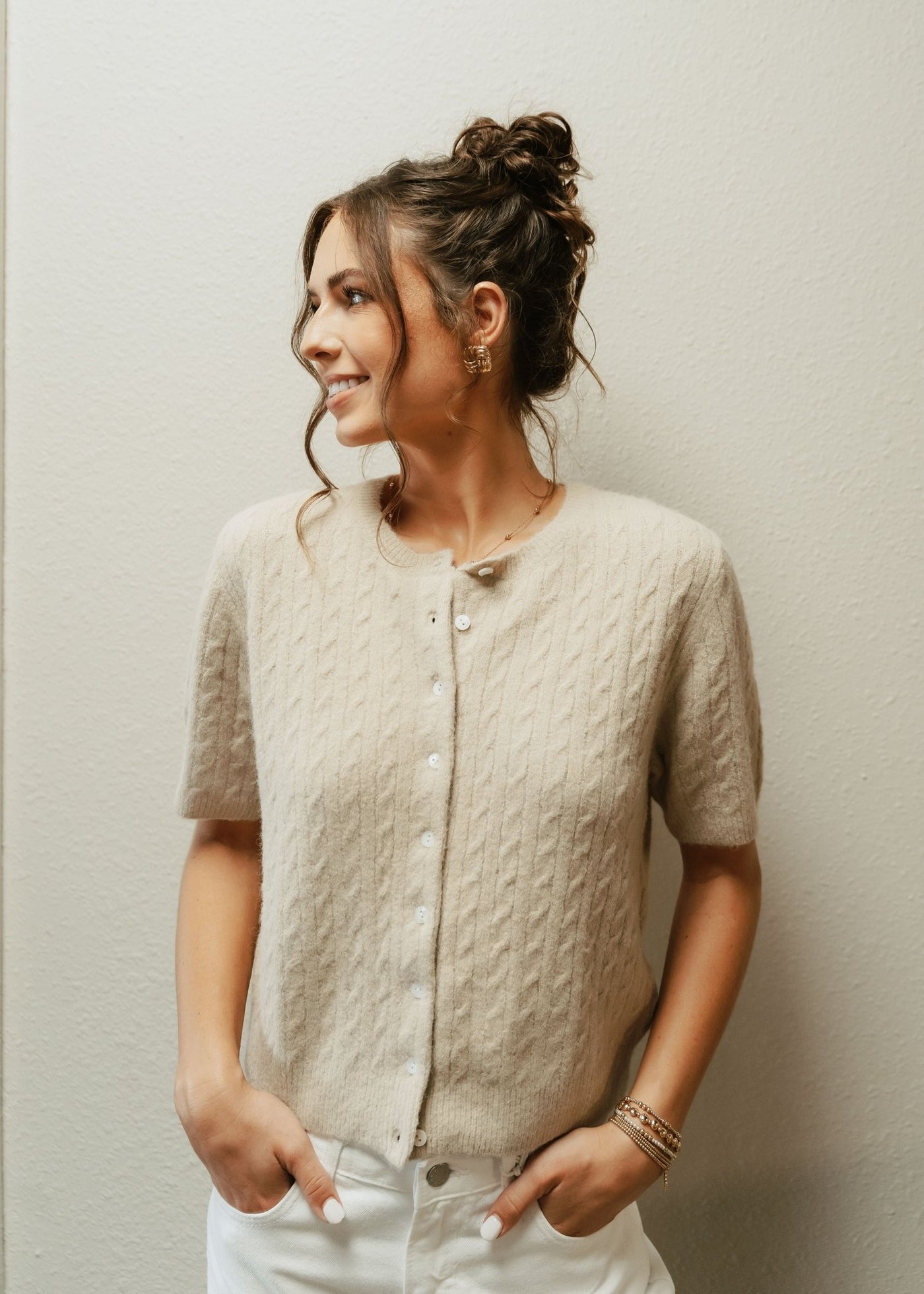 Sand Short Sleeve Button Sweater TBW13695 - Southern Soule Designs