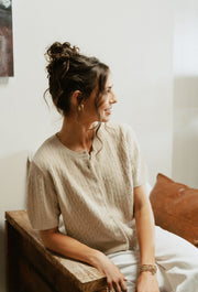 Sand Short Sleeve Button Sweater TBW13695 - Southern Soule Designs