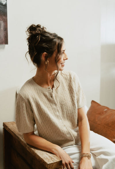 Sand Short Sleeve Button Sweater TBW13695 - Southern Soule Designs