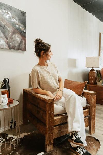 Sand Short Sleeve Button Sweater TBW13695 - Southern Soule Designs