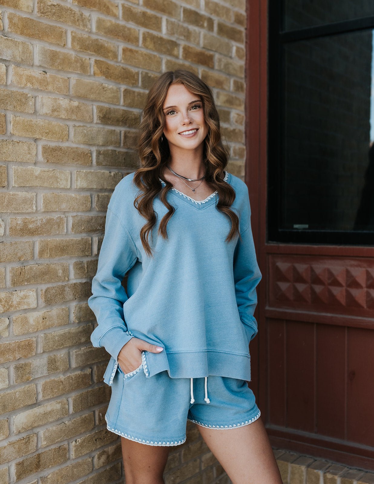 Santorini Indigo Cam Denim Whipstitch Top ZT263233 - Southern Soule Designs