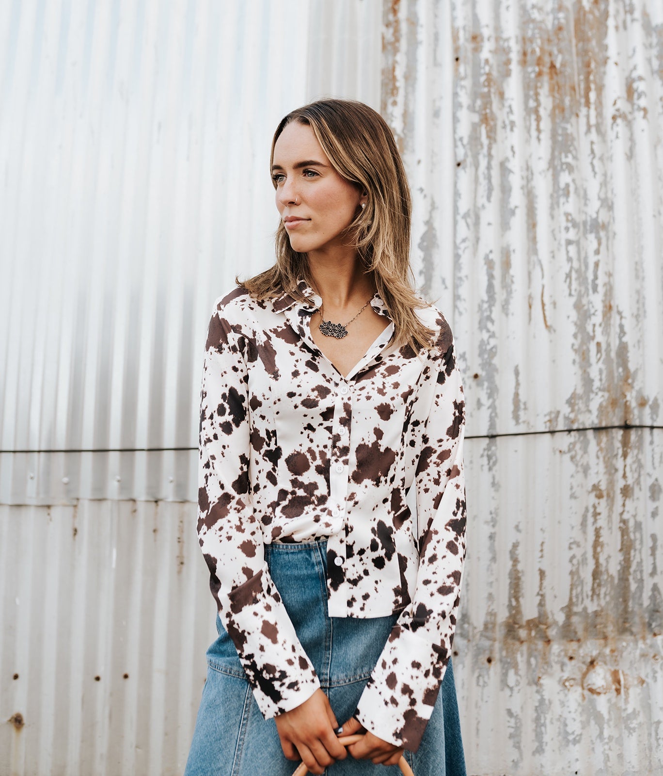 Satin Cow Print Fitted Button Up Shirt - Southern Soule Designs