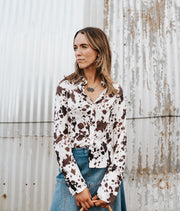 Satin Cow Print Fitted Button Up Shirt - Southern Soule Designs