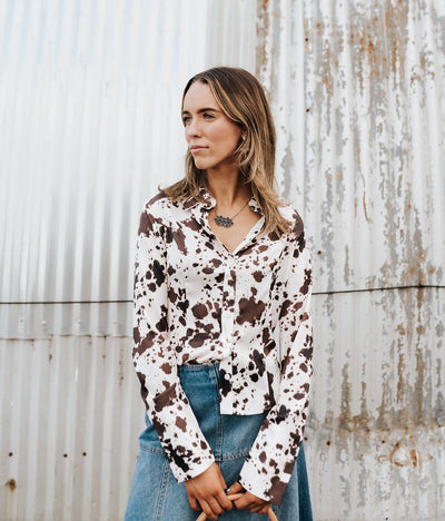 Satin Cow Print Fitted Button Up Shirt - Southern Soule Designs