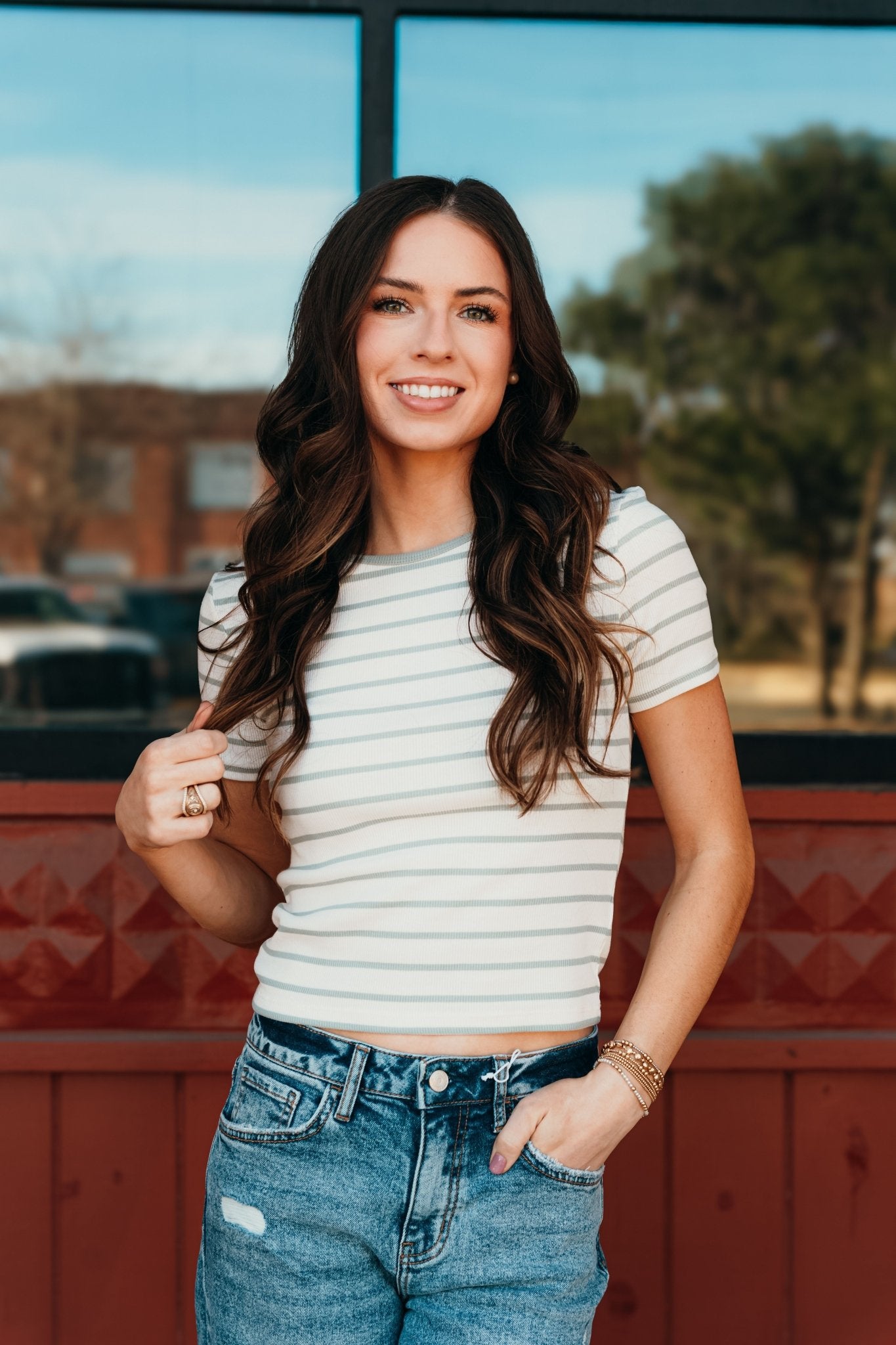 Saxton Striped Tee Sage Green ZT251263 - Southern Soule Designs