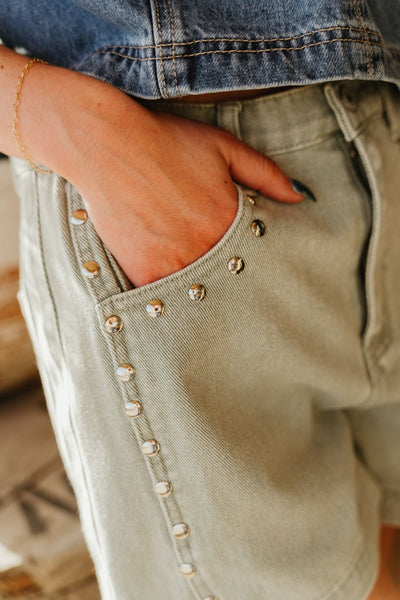 Seafoam High Waist Denim Studded Shorts P26382 - Southern Soule Designs