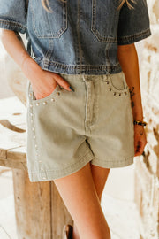 Seafoam High Waist Denim Studded Shorts P26382 - Southern Soule Designs