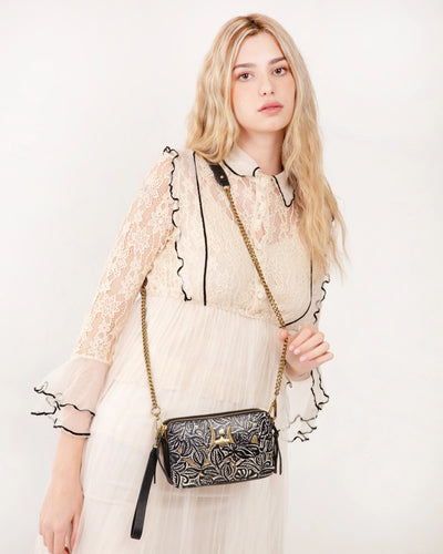 Shell Mini Purse - Black Floral Leather