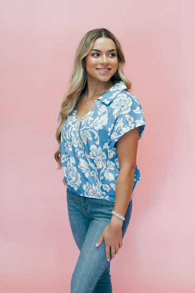 Blue/White Floral Wrap Short Sleeve Top
