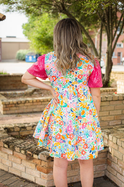 Floral Sequin Puff Sleeve Dress
