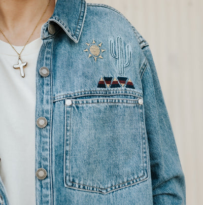 Stetson Women's Embroidered Denim Button - Up Cropped Shirt 11 - 050 - 0565 - 5002 - Southern Soule Designs