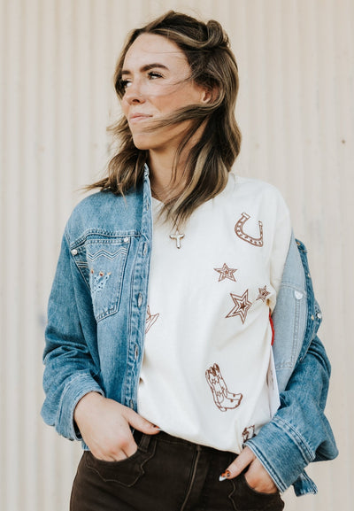 Stetson Women's Embroidered Denim Button - Up Cropped Shirt 11 - 050 - 0565 - 5002 - Southern Soule Designs